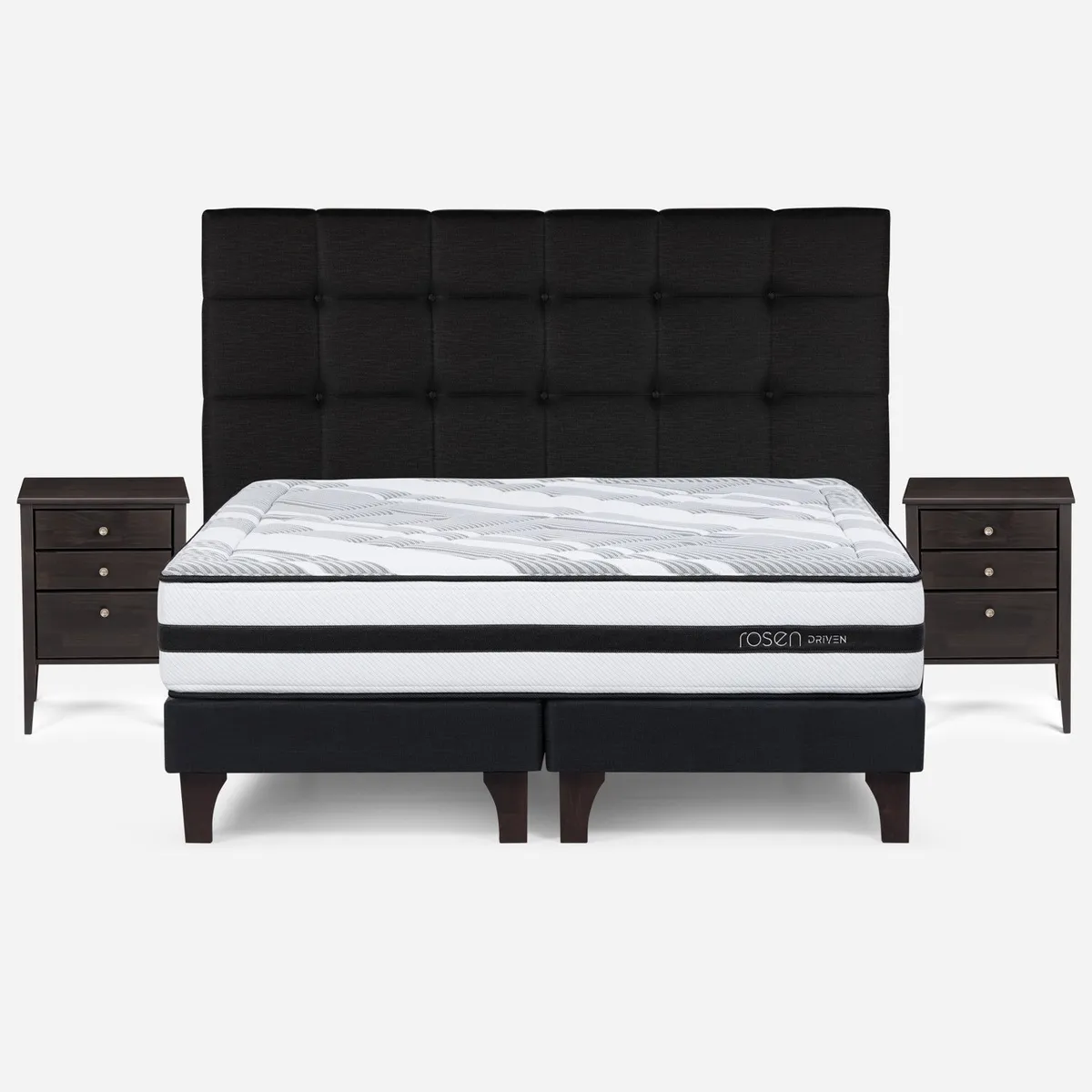 ROSEN - Cama Europea Driven King x 2.00mt Base Dividida + Respaldo + 2 Veladores Rosen