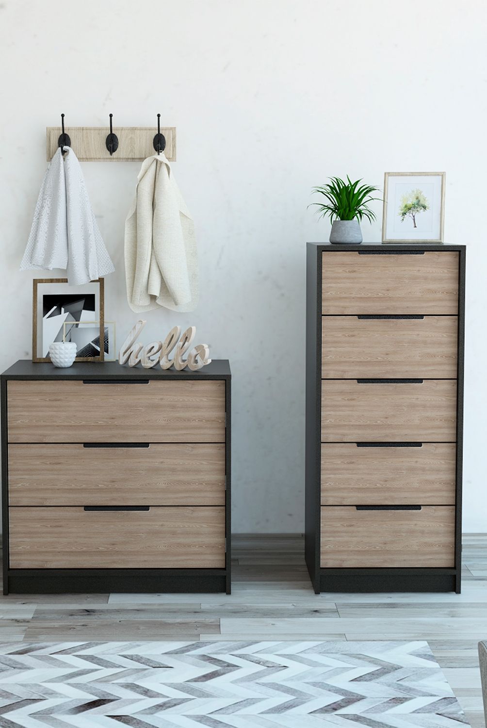 TUHOME - Cómoda Kaia 5 Cajones + Cómoda 3 Cajones Tuhome