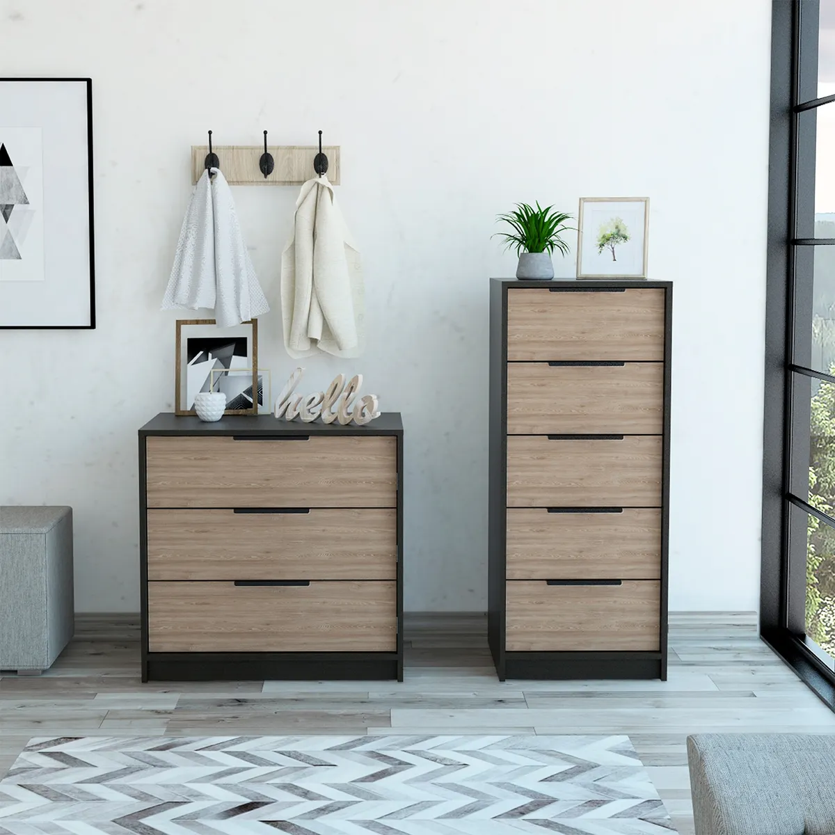 TUHOME - Cómoda Kaia 5 Cajones + Cómoda 3 Cajones Tuhome