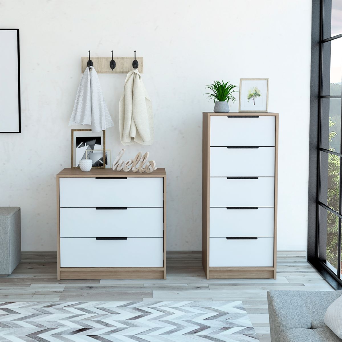TUHOME - Cómoda Kaia 5 Cajones + Cómoda 3 Cajones Miel Tuhome
