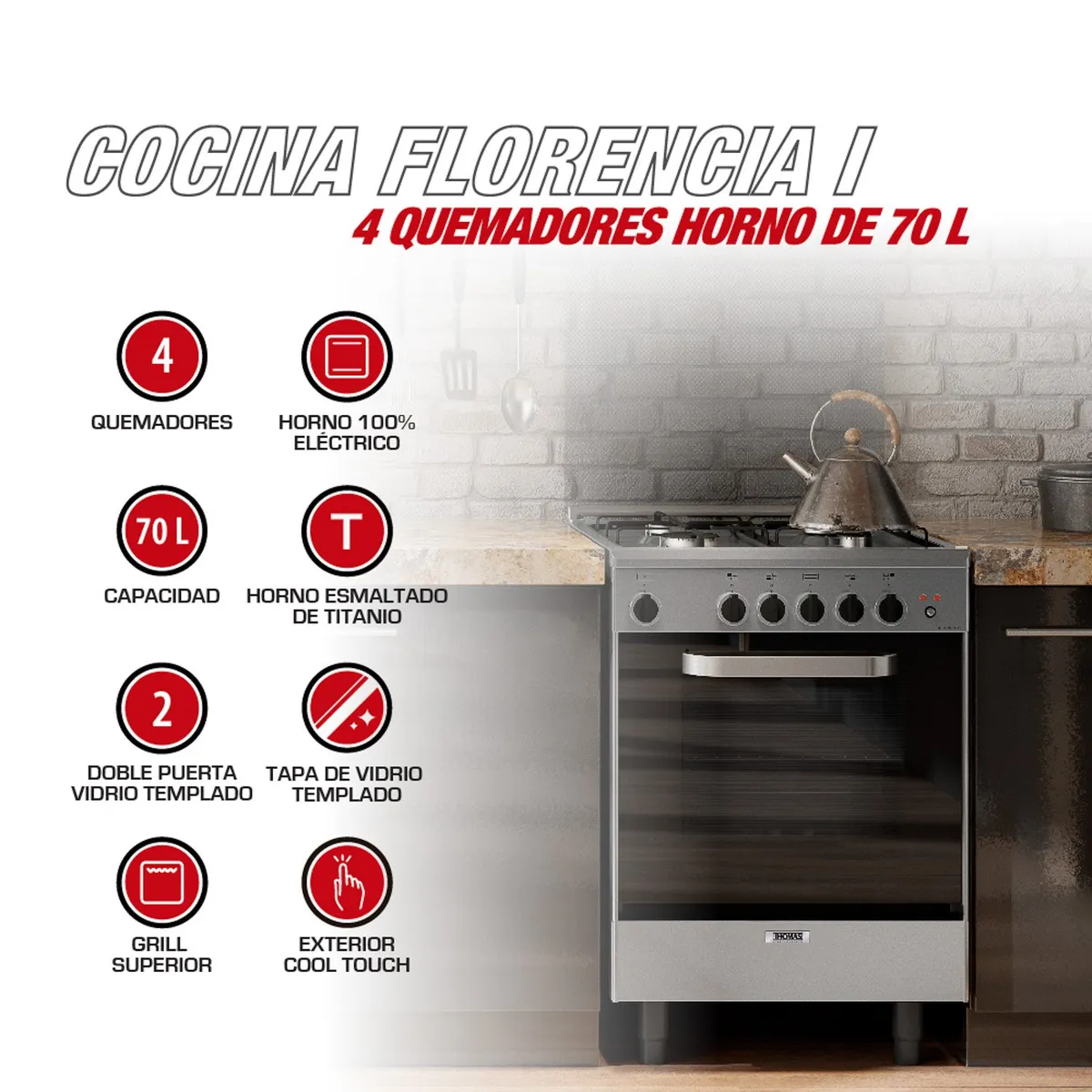 THOMAS - Cocina a gas 4 Quemadores Horno de 70 Lt Florencia 1 Thomas