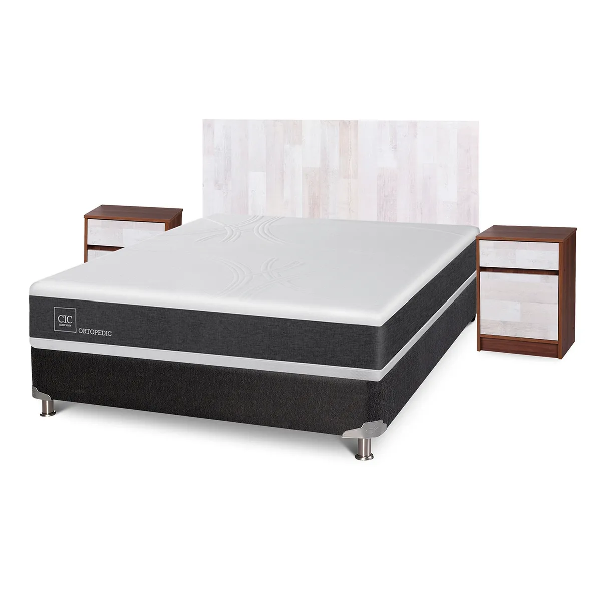 CIC - Cama Box Spring Ortopedic 2 plazas + Respaldo + 2 veladores CIC