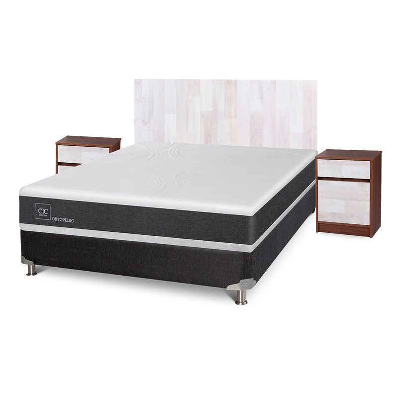 CIC - Box Spring Newortoped 2 Plazas + Respaldo + 2 Veladores CIC