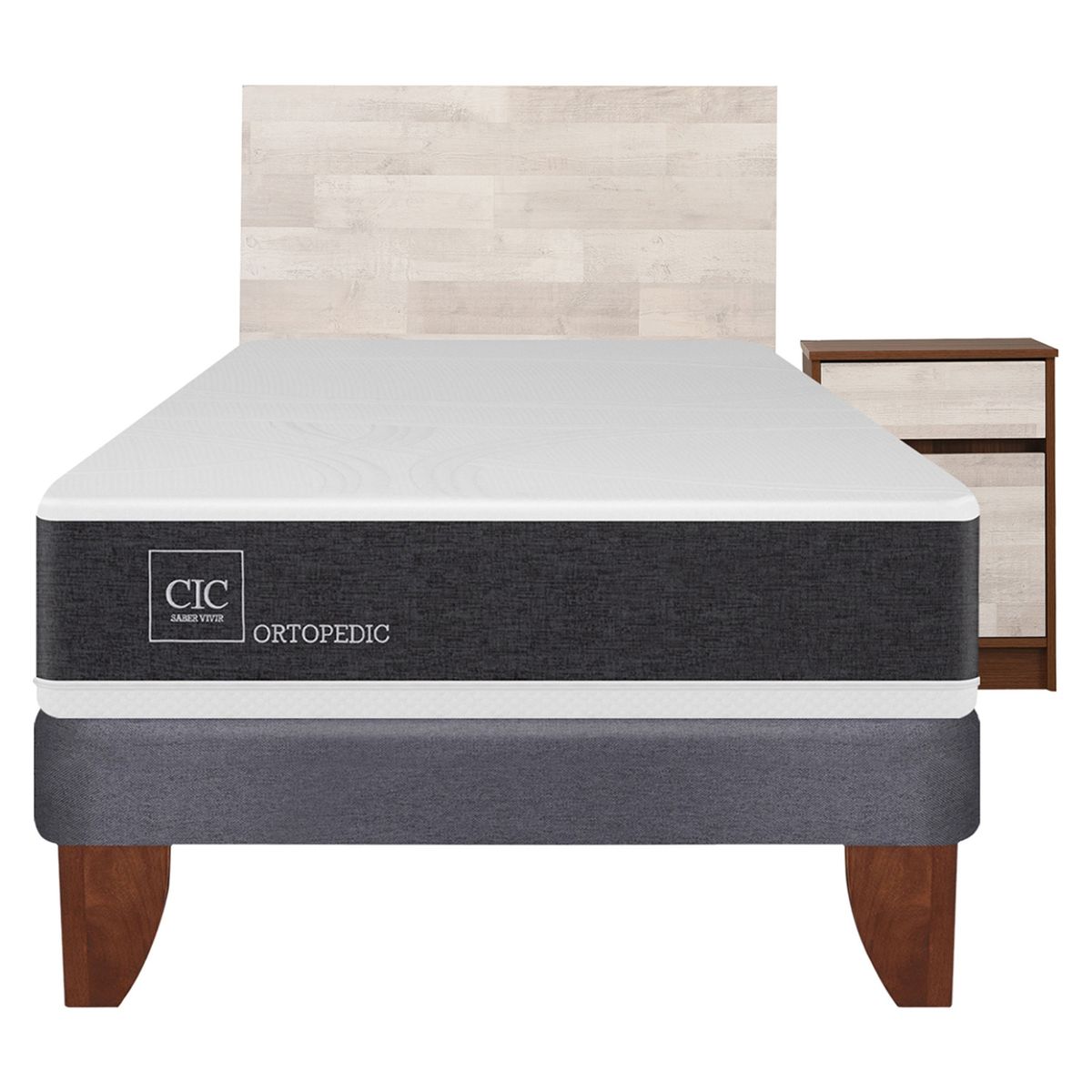 CIC - Cama Europea NewOrtopediced 1.5 Plazas + Respaldo + 1 Velador Cic