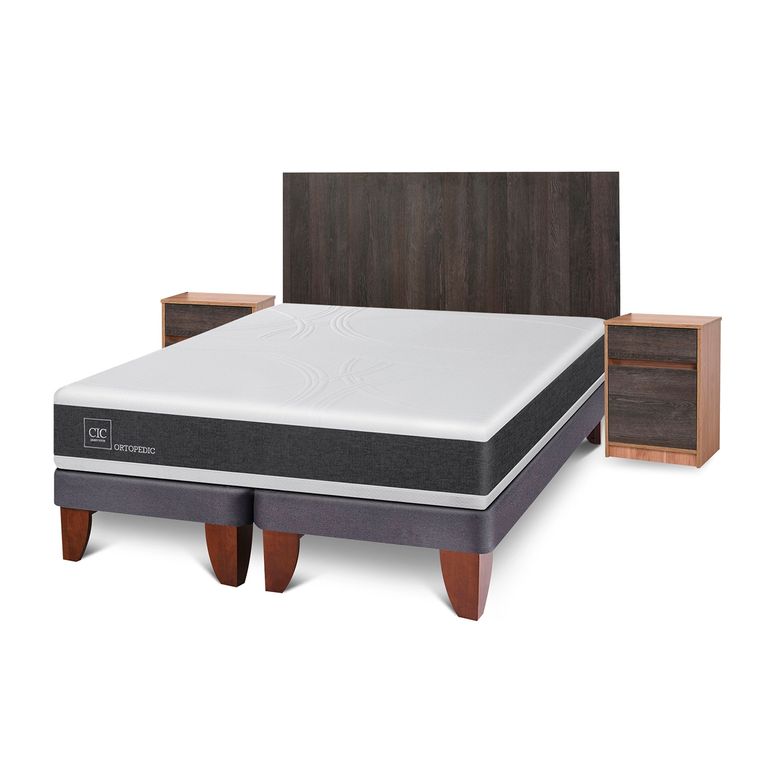 CIC Cama Europea Ortopedic 2 Plazas x 2.00mt Base Dividida + Respaldo + 2 Veladores