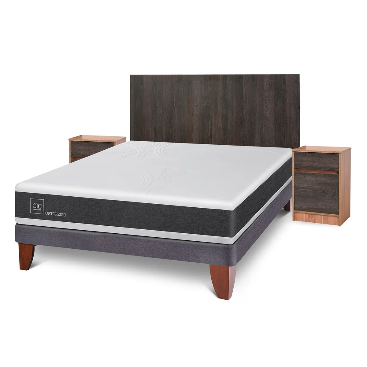 CIC - Cama Europea New Ortopedic 2 Plazas + Muebles Espresso Cic