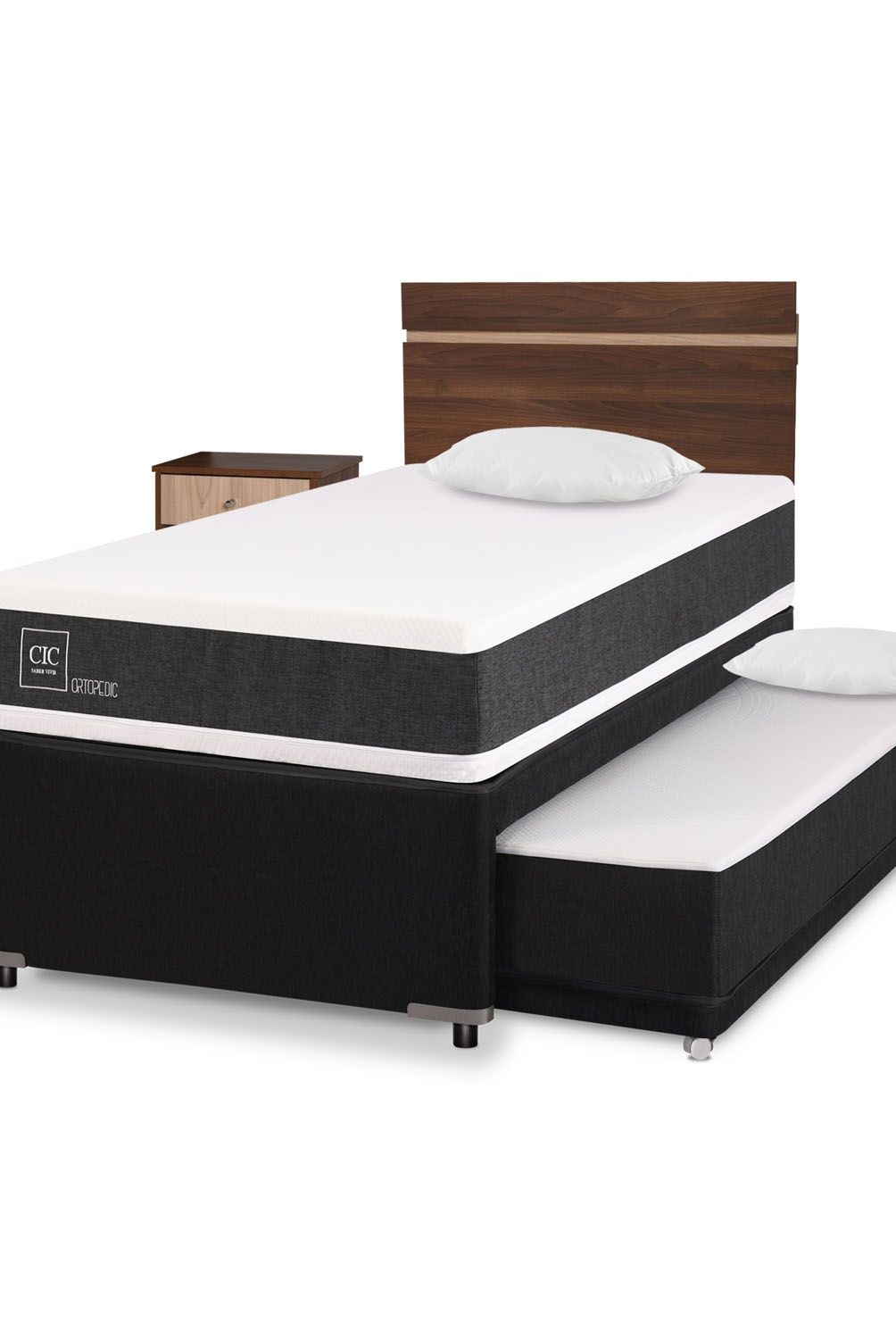 CIC - Cic Cama Nido Ortopedic Black 1.5 Plazas + Muebles Mica + Almohadas