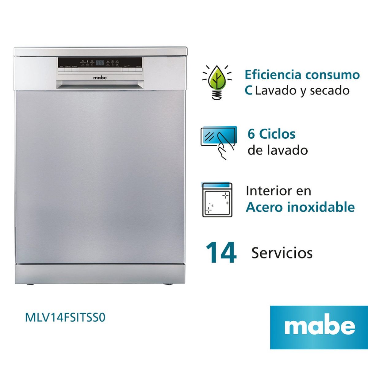 MABE - Lavavajillas 14 Cubiertos Mlv14Fsitss Mabe