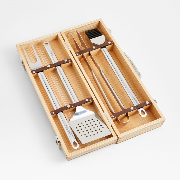 CRATE & BARREL Set 5 Herramienta Parrilla Acero