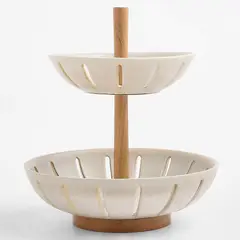 CRATE & BARREL - Frutero 2 niv ceramica madera