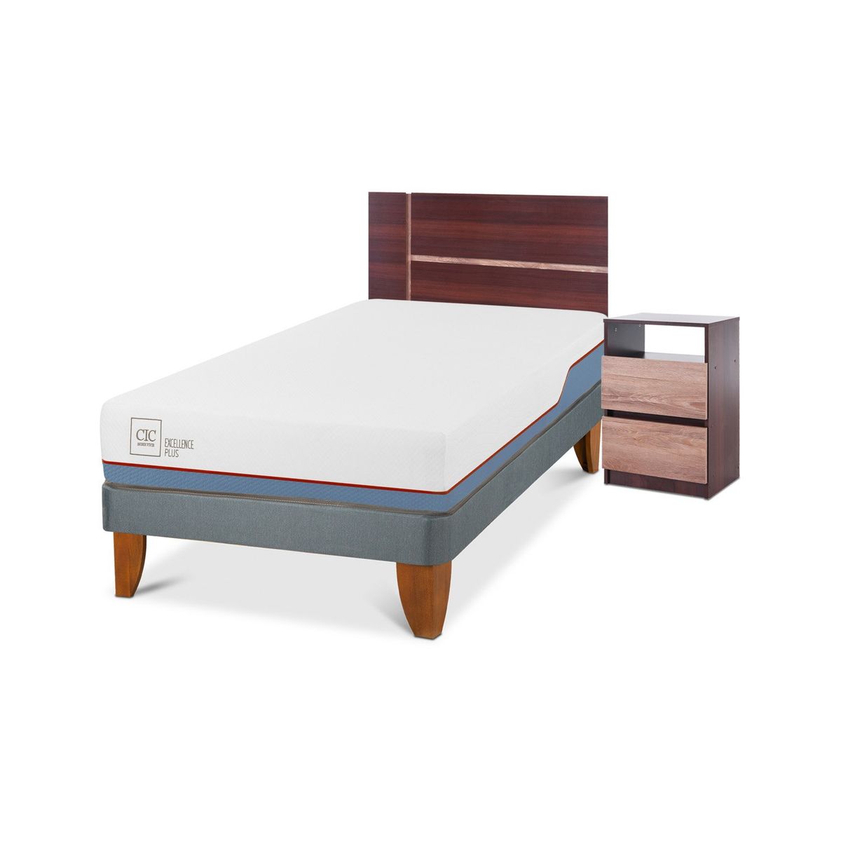 CIC - Cama Europea Excellence Plus 1.5 Plazas x 2.00 mt  + Respaldo + 1 Velador CIC