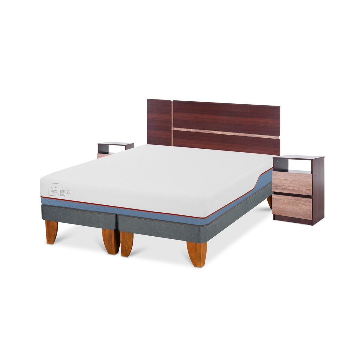 CIC - Cama Europea Excellence Plus 2 plazas x 2.00 mt Base Dividida + Respaldo + 2 Veladores CIC