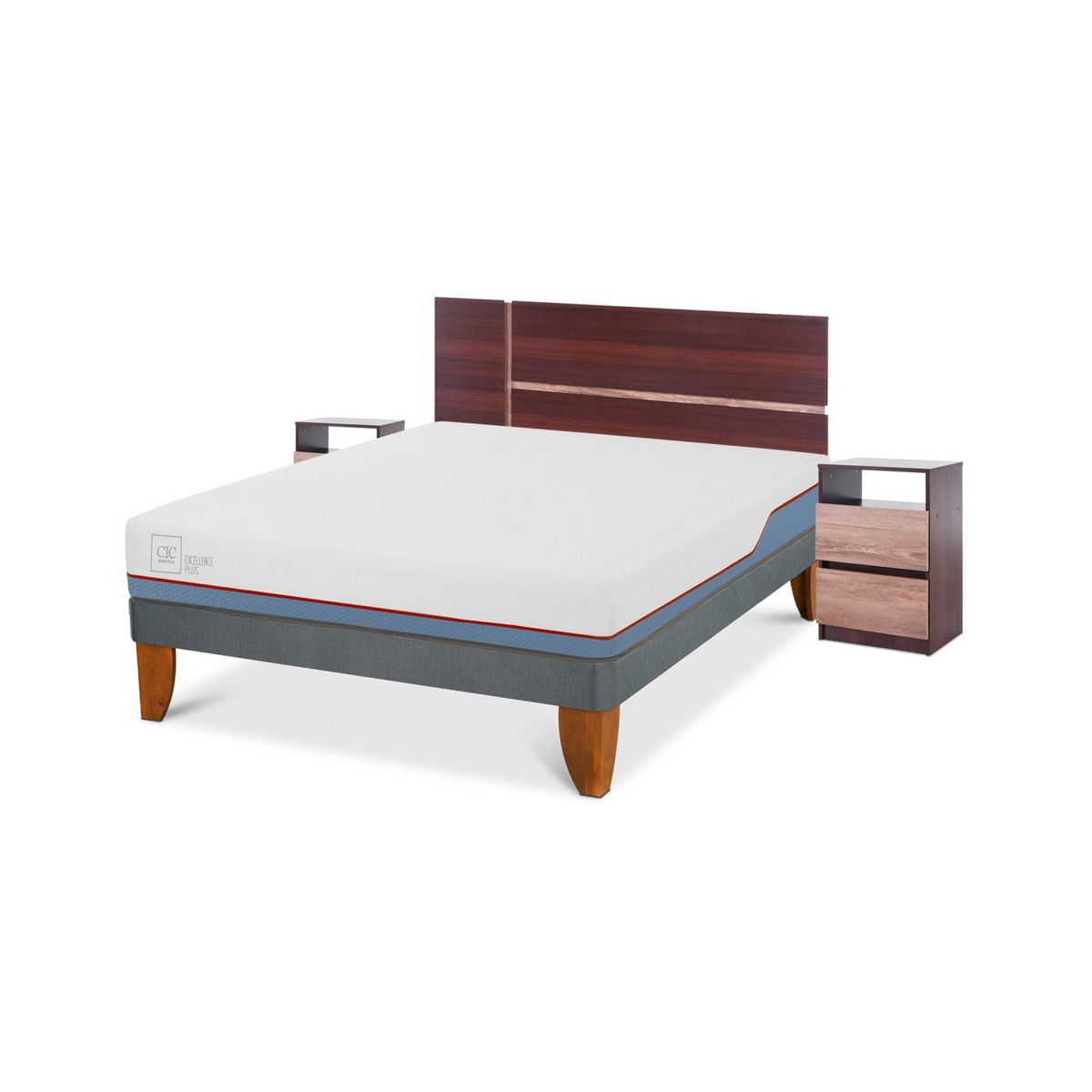 CIC - Cama Europea Excellence Plus 2 plazas x 2.00 mt Base Normal + Respaldo + 2 Veladores CIC
