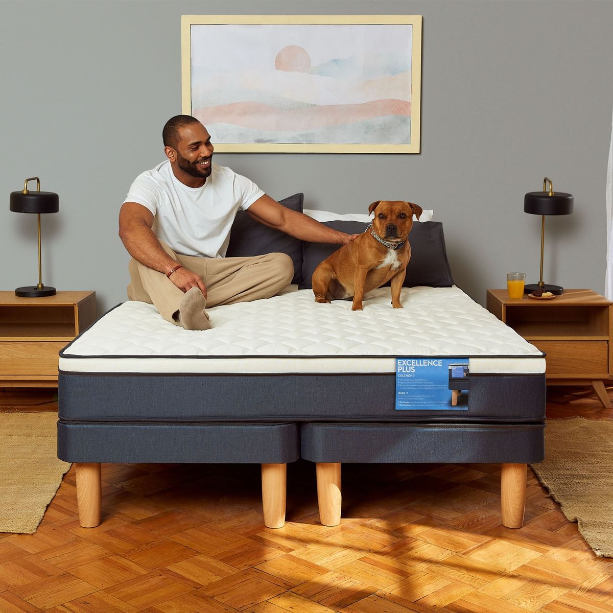 CIC - Cama Europea Excellence Plus 2 plazas x 2.00 mt Base Normal + Respaldo + 2 Veladores CIC