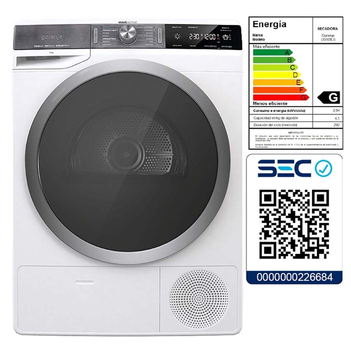 GORENJE - Secadora Bomba de Calor 9 kg DS92ILS