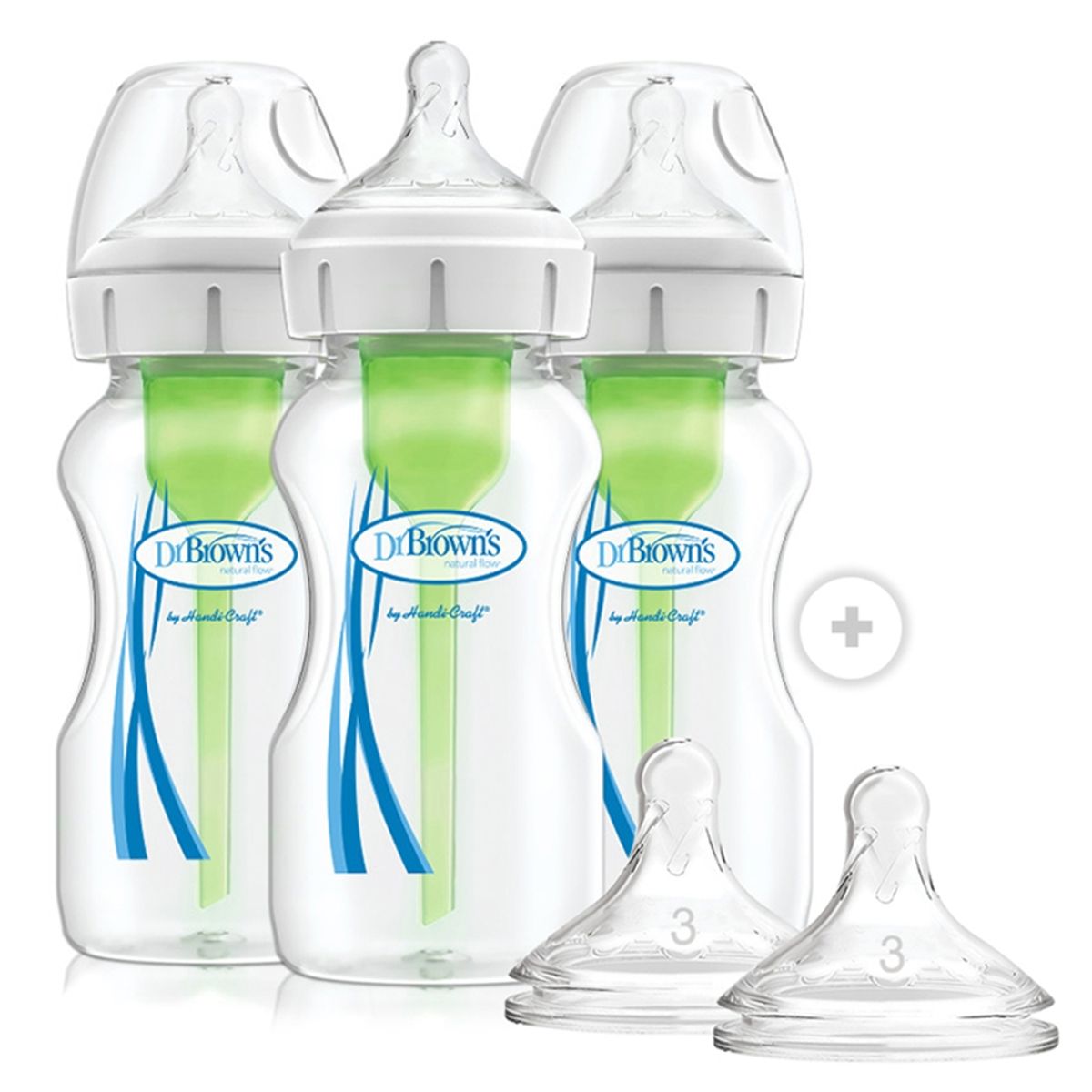 DR BROWNS - Pack 3 Mamaderas Boca Ancha Options+ 270Ml + 2 Tetinas 6M+ Dr Browns