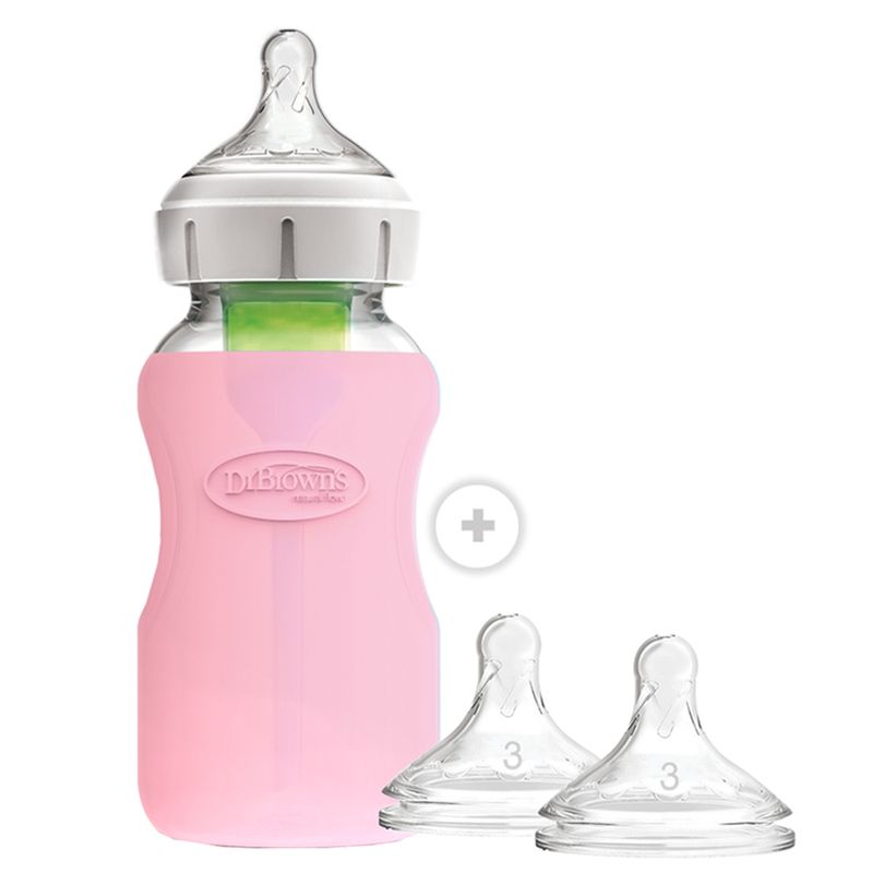 DR BROWNS - Mamadera Vidrio Boca Ancha Options+ 270Ml + Funda Rosada + 2 Tetinas 6M+ Dr Browns