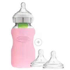 DR BROWNS - Mamadera Vidrio Boca Ancha Options+ 270Ml + Funda Rosada + 2 Tetinas 6M+