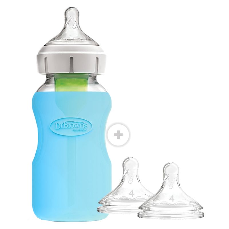 DR BROWNS - Mamadera Vidrio Boca Ancha Options+ 270Ml + Funda Azul + 2 Tetinas 9M+ Dr Browns
