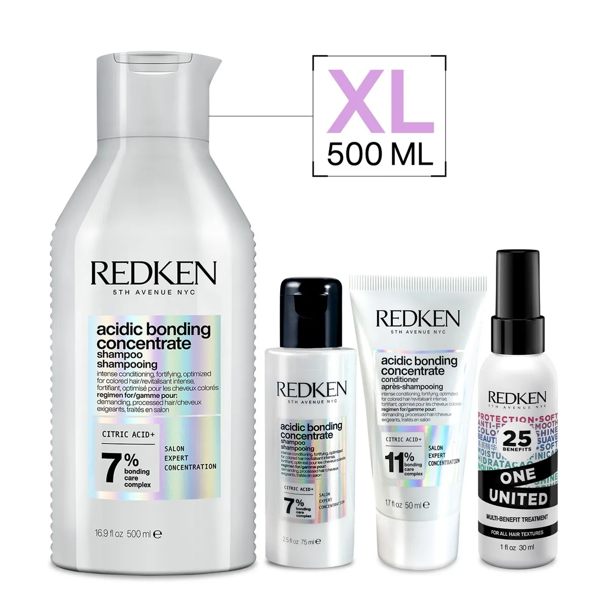 REDKEN - Set ABC Reparación Total Cabello Dañado Acidic Bonding Concentrate Shampoo 500ml + 75ml + Acondicionador 50ml + Spray One united 30ml redken