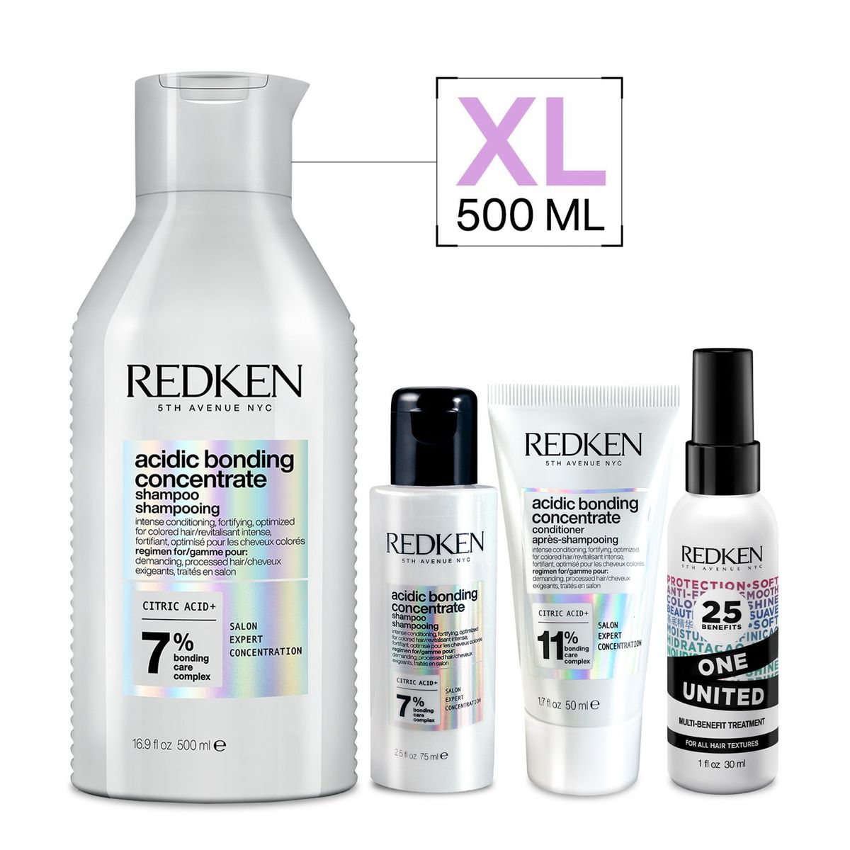 REDKEN - Set ABC Reparación Total Cabello Dañado Acidic Bonding Concentrate Shampoo 500ml + 75ml + Acondicionador 50ml + Spray One united 30ml redken