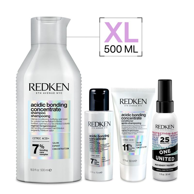 REDKEN - Set ABC Reparación Total Cabello Dañado Acidic Bonding Concentrate Shampoo 500ml + 75ml + Acondicionador 50ml + Spray One united 30ml redken
