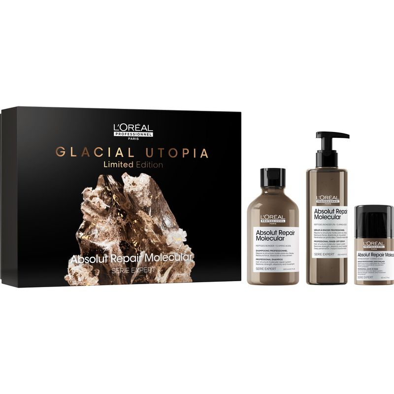 LOREAL PROFESSIONNEL - Set Profesional Reparación Estructura Molecular Cabello Absolut Repair Molecular Shampoo 300ml + Sérum de Enjuage 250ml + Máscara sin enjuague 50ml Loreal Professionnel