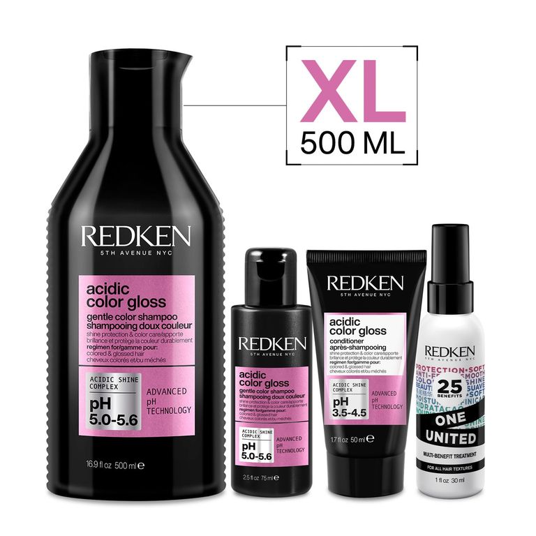 Set Brillo Intenso Cabello con Color Acidic Color Gloss Shampoo Sin Sulfatos 500ml + 75 ml + Acondicionador 50ml + Spray One United 30ml
