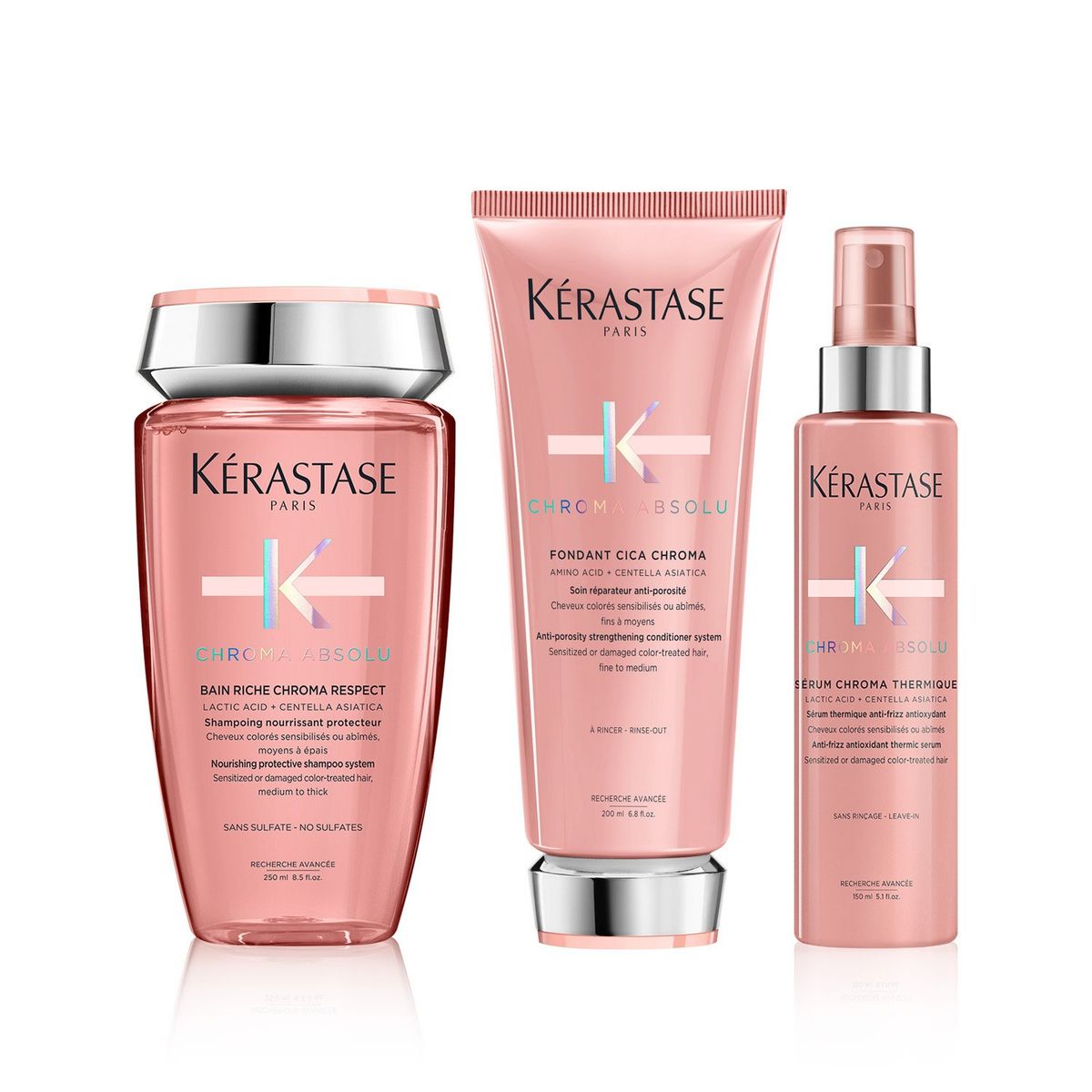 KERASTASE - Set Reparación Cabello Con Color Chroma Absolu Shampoo 250Ml + Acondicionador 200Ml + Spray Termoprotector 150Ml Kerastase