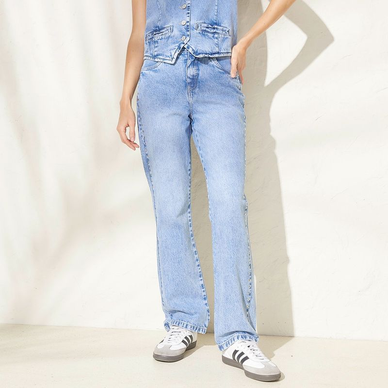 BASEMENT - Jeans Straight Tiro Alto Algodón Mujer Basement