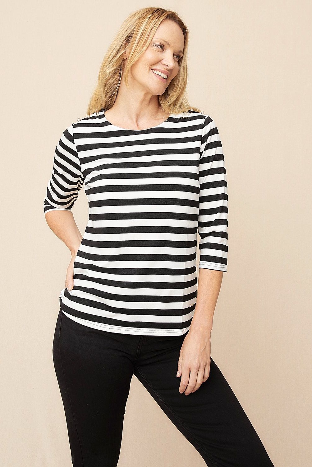 S COCCI - Polera S.Cocci Rayas Manga 3/4 Mujer Viscosa Negra