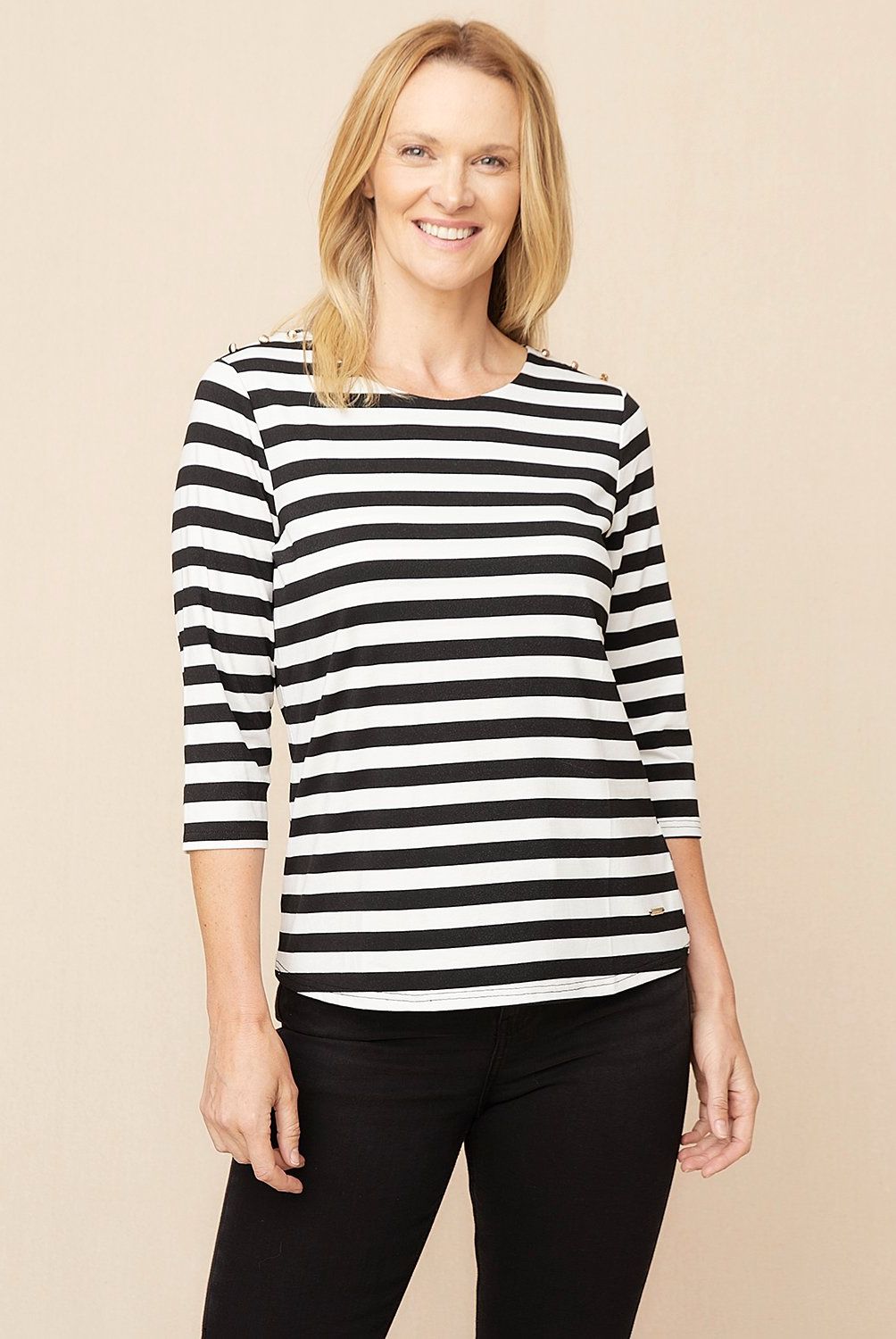 S COCCI - Polera S.Cocci Rayas Manga 3/4 Mujer Viscosa Negra