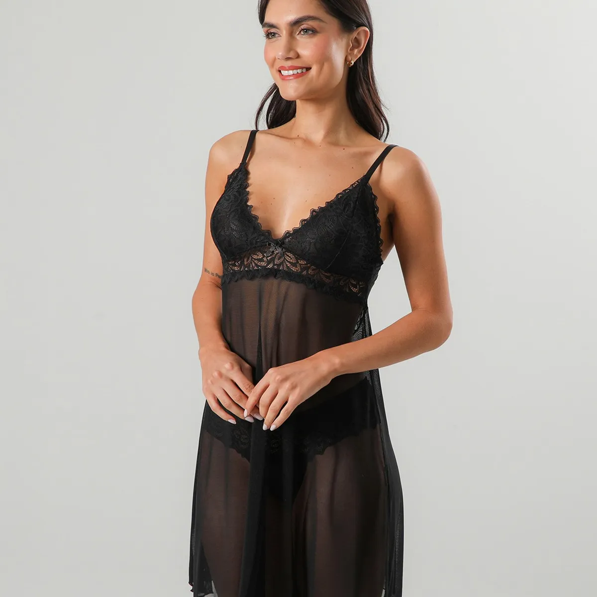 FLORES - Baby Doll Encaje Flock Con Colaless Mujer Flores