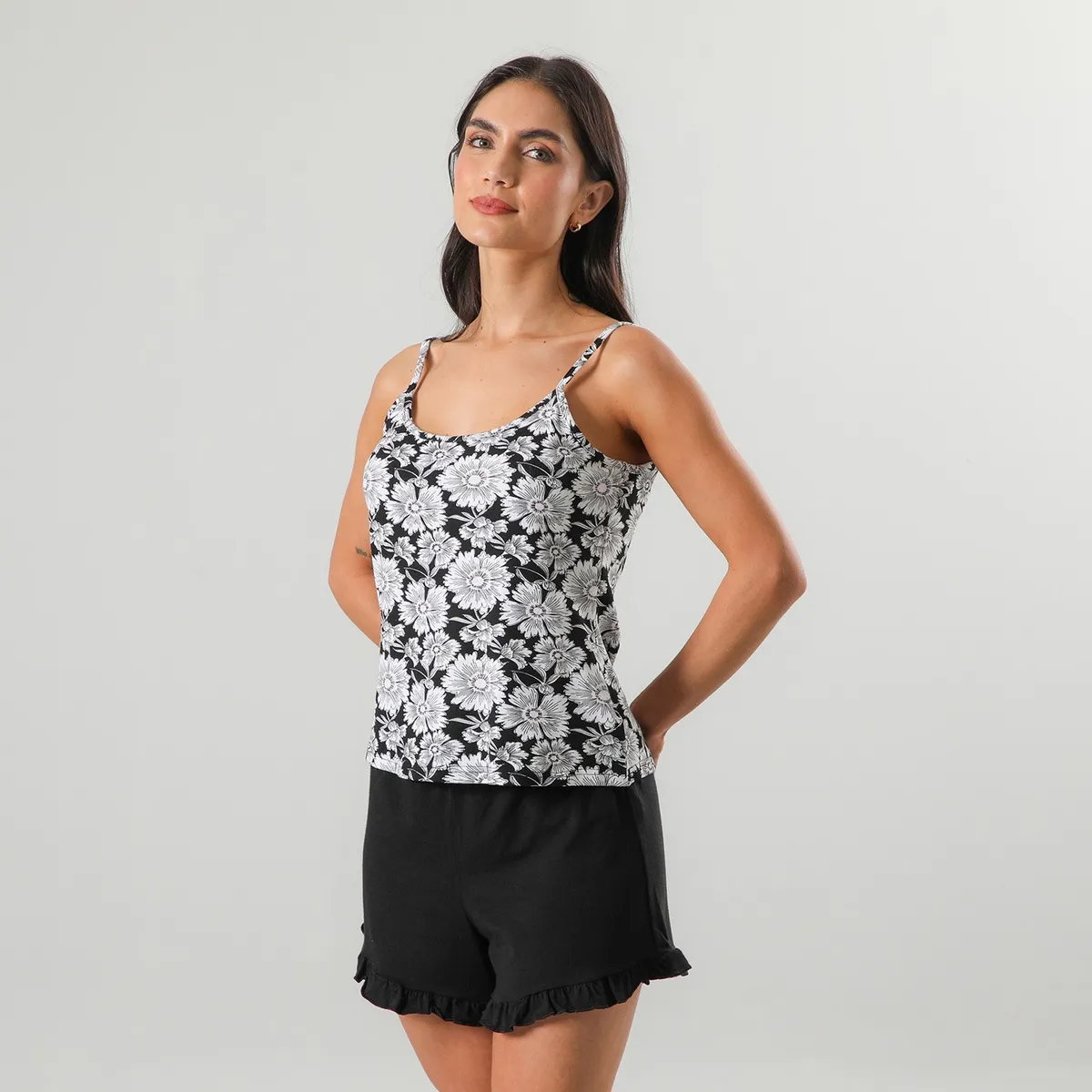 FLORES - Pijamas Top Rib + Short Mujer Flores