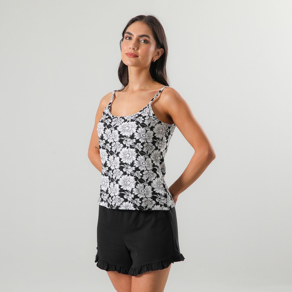 FLORES - Pijamas Top Rib + Short Mujer Flores