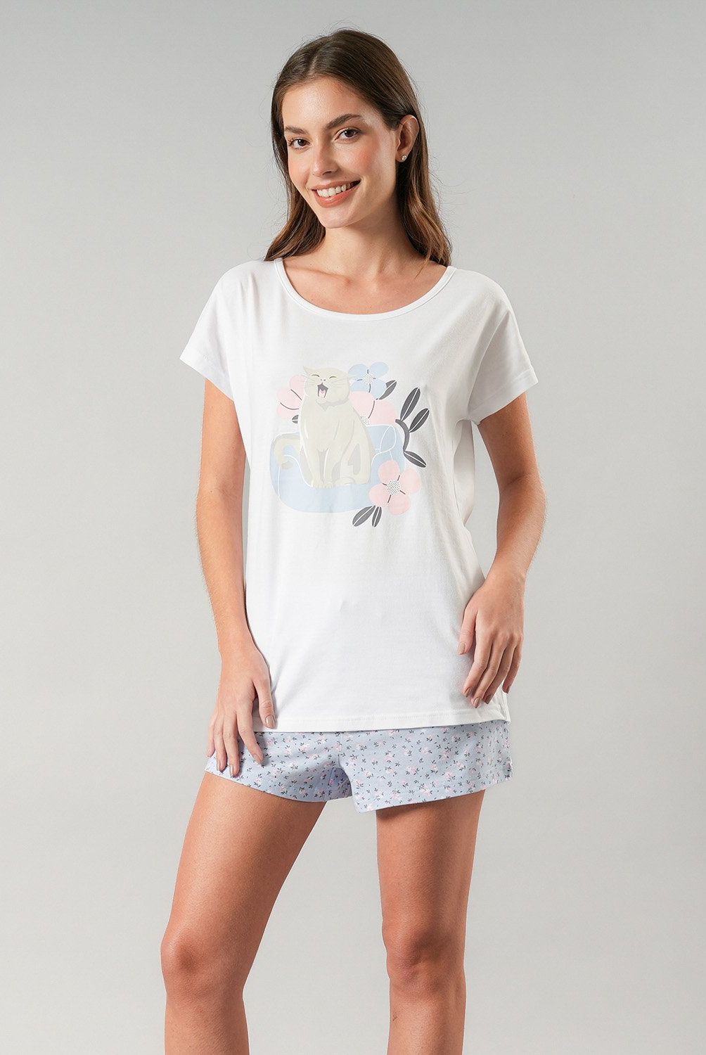 FLORES - Pijamas Top Cuadrado + Short Mujer Flores