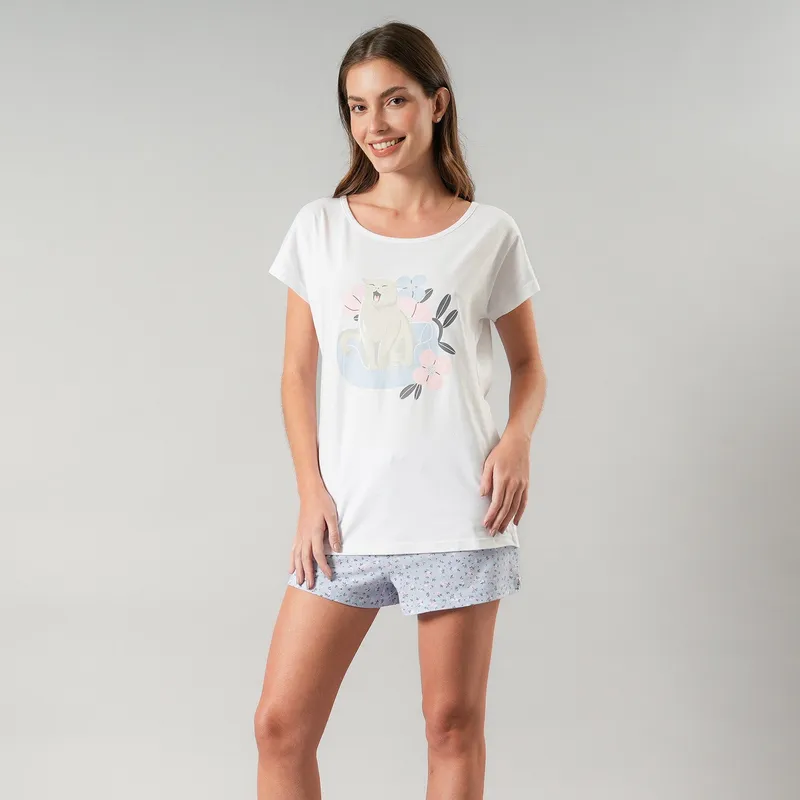 FLORES - Pijamas Top Cuadrado + Short Mujer Flores