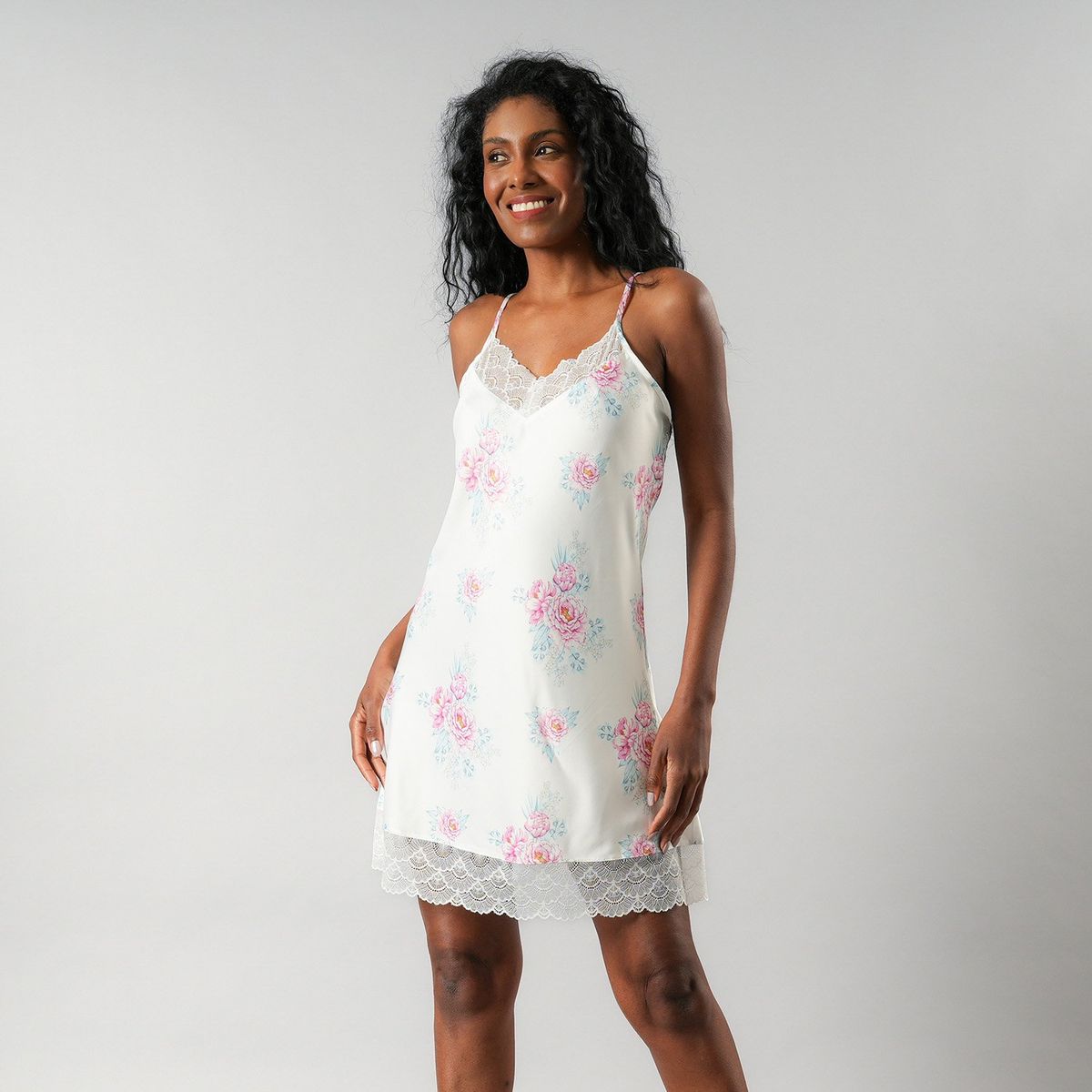 FLORES - Camisola Satín Encaje Escote Y Basta Mujer Flores