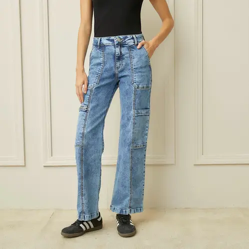 BASEMENT - Jeans Cargo Tiro Alto Algodón Mujer