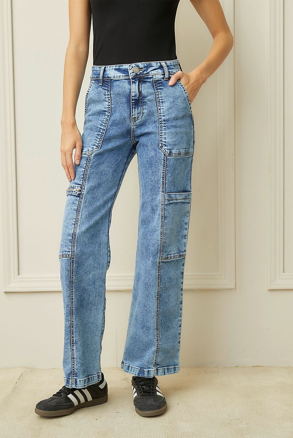 BASEMENT - Jeans Cargo Tiro Alto Algodón Mujer Basement