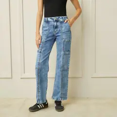 BASEMENT - Jeans Cargo Tiro Alto Algodón Mujer
