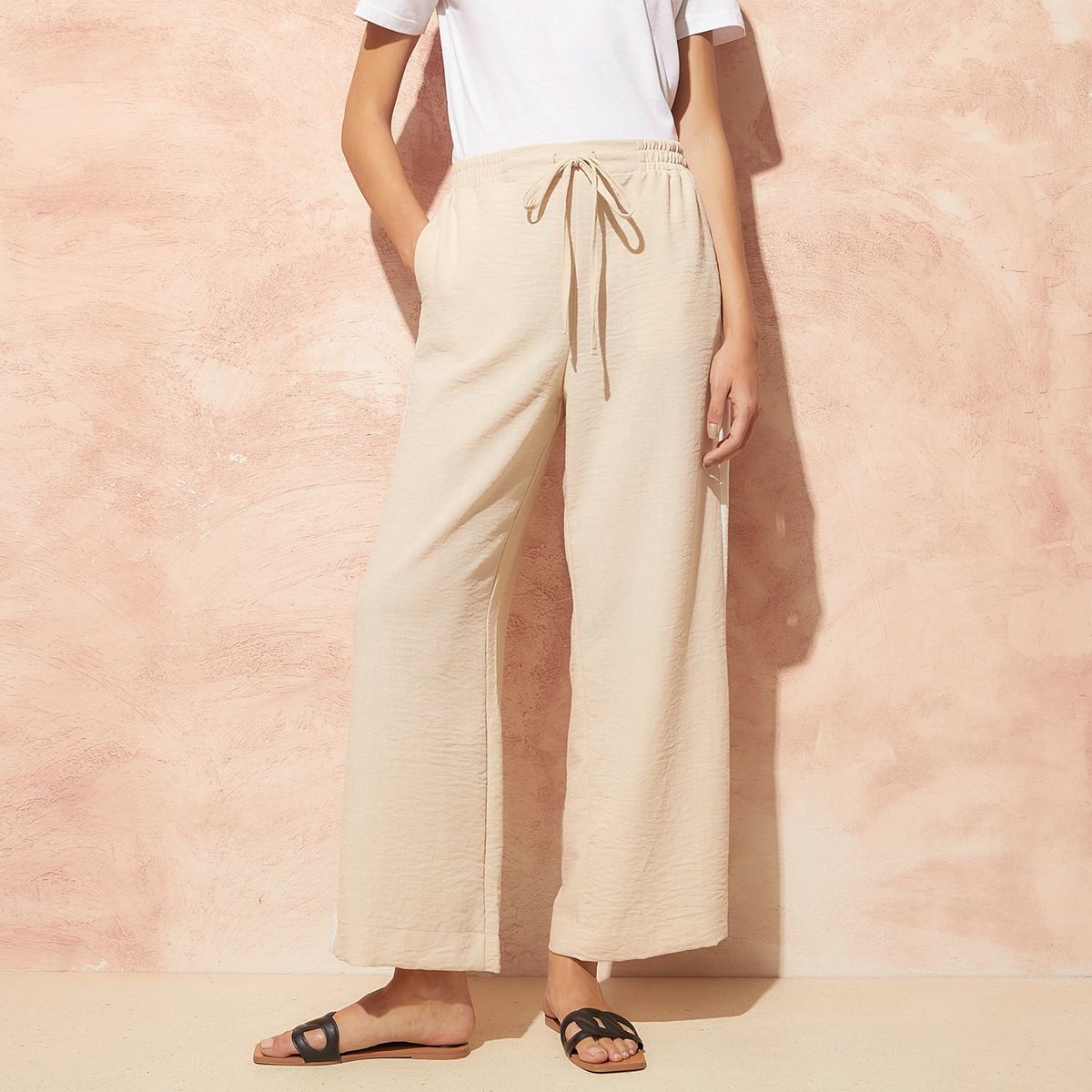 BASEMENT - Pantalón Pijamero Basement Tiro Alto Wide Leg Mujer