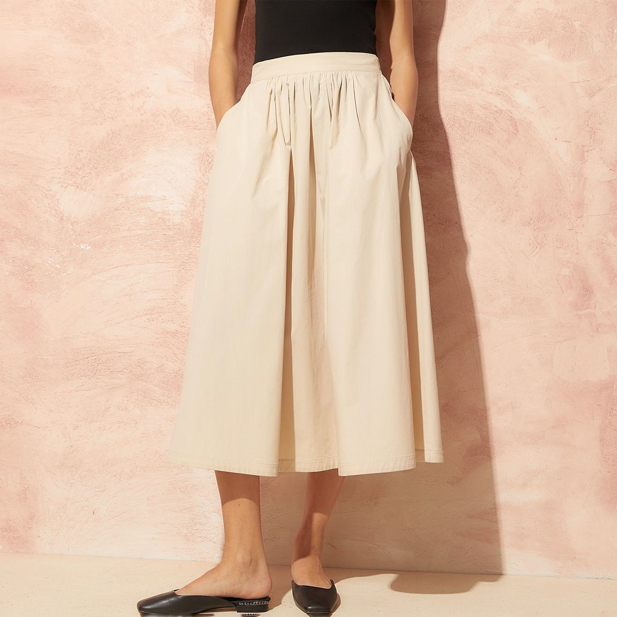 BASEMENT - Falda Midi Basement 100% Algodón Mujer Lisa