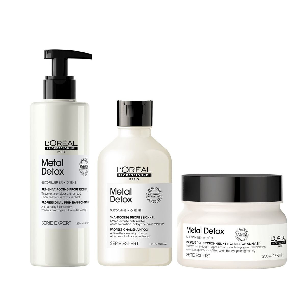 LOREAL PROFESSIONNEL - Set Metal Detox Anti-Quiebre Para Cabello Dañado y con Color Shampoo 300ml + Máscara 250ml + Tratamiento Pre-Shampoo 250ml Loreal PROFESSIONEL