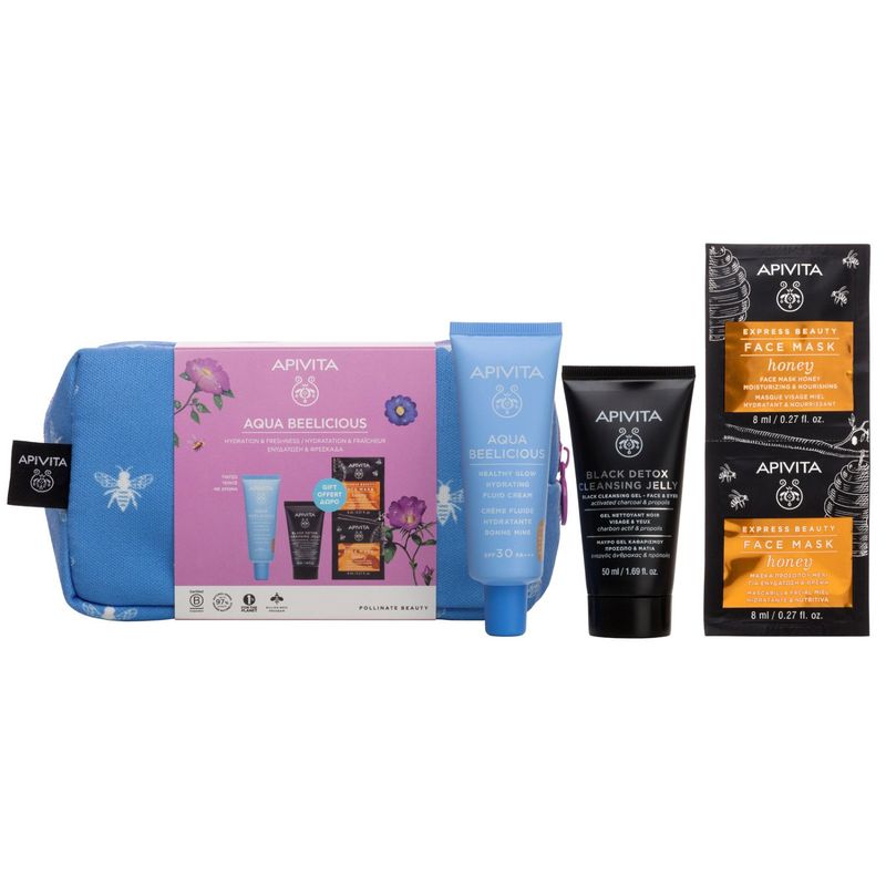 APIVITA - Set Hidratación AQUA BEELICIOUS Crema Hidratante con Color SPF30 40ml + Gel Negro Detox 50ml + Mascarilla con Miel EXPRESS BEAUTY 8mlx2 Apivita