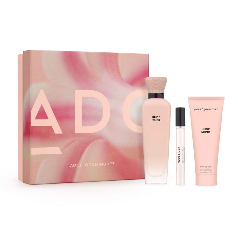 Set Perfume Mujer Nude Musk EDP 120ml + Megaspritzer 10ml + Loción Corporal 75ml Adolfo Domínguez