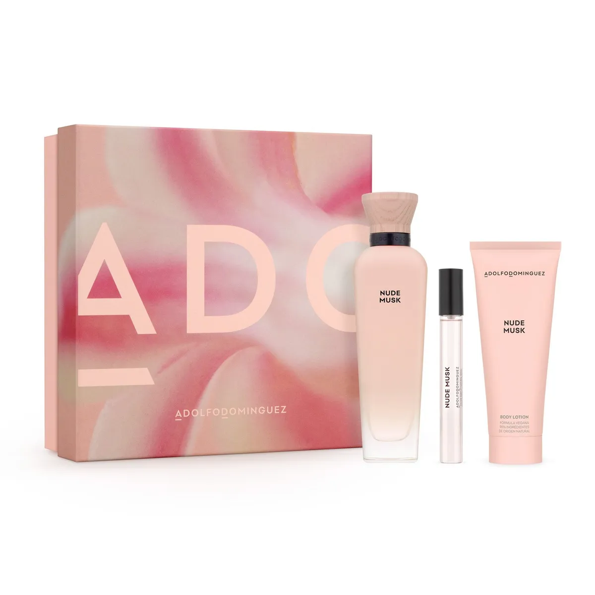 ADOLFO DOMINGUEZ - Set Perfume Mujer Nude Musk EDP 120ml + Megaspritzer 10ml + Loción Corporal 75ml Adolfo Domínguez