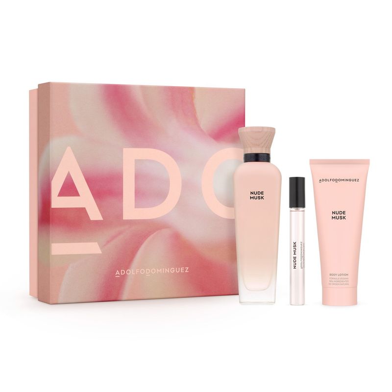 ADOLFO DOMINGUEZ - Set Perfume Mujer Nude Musk EDP 120ml + Megaspritzer 10ml + Loción Corporal 75ml Adolfo Domínguez