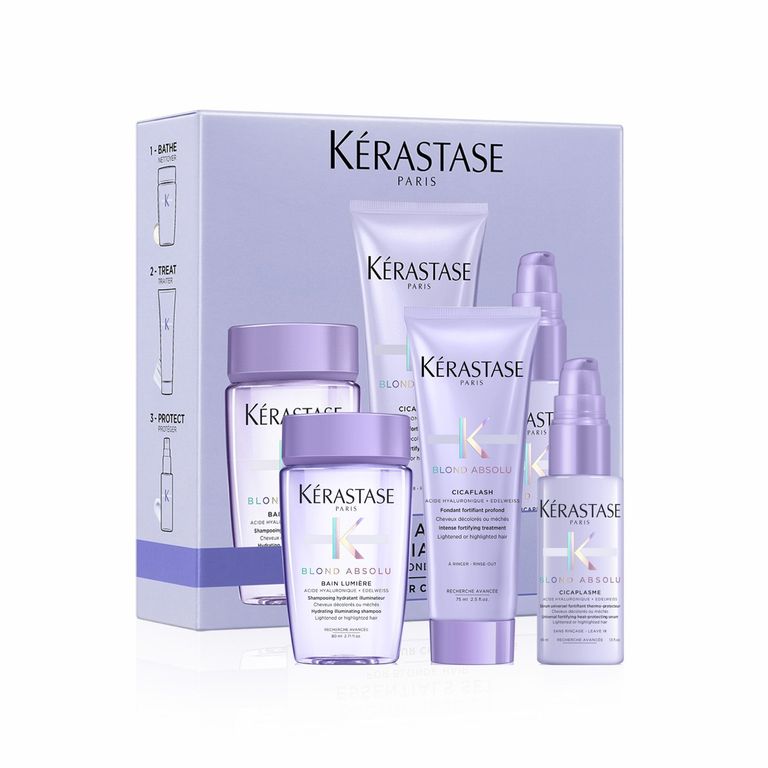 Set Reparación Cabello Rubio o Decolorado Blond Absolu Shampoo Bain Lumiére 80ml + Acondicionador Cicaflash 75ml + Serum Cicaplasme 45ml Kérastase
