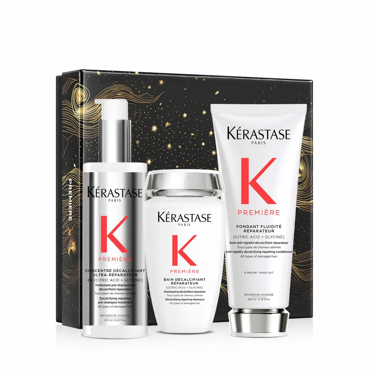 KERASTASE - Set Reparación cabello Premiere Concentré Décalcifiant Ultra-Réparateur 250ml + Shampoo Bain Décalcifiant Réparateur 250ml + Acondicionador Fondant Fluidité Réparateur 200ml Kérastase